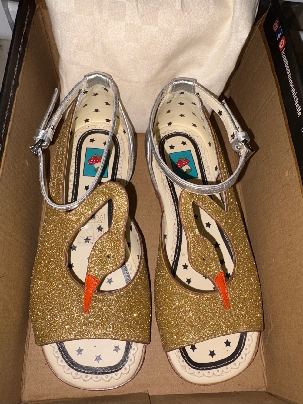 Gucci’s Gold / Silver Glitter Swan Sandals with Orange Beak